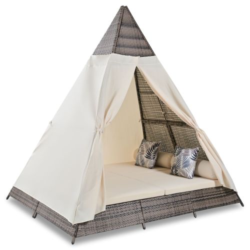 GO 90.5" Length Outdoor Sunbed With Colorful Pillows, Wicker Patio Daybed With Cushions, Tent Shape, Brown and Beige GO 90.5" Length Outdoor Sunbed With Colorful Pillows, Wicker Patio Daybed With Cushions, Tent Shape, Brown and Beige