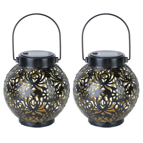2Pcs Solar Powered Hanging Lights Outdoor Waterproof Decorative Hollow Lantern Lamps Warm White Retro Style Decorative Landscape Lights For Patio