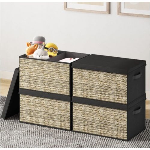 4pcs Green Rattan Rectangular Storage Bins With Handles, Collapsible Fabric Cube Organizers, Multipurpose Lidded Containers For Toys, Clothes - N