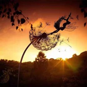 Dandelion Figurine Fairies Pixies Dancing Fairy Statue Steel Wires Fairy Garden Miniature Sculpture Mythical Garden Yard Decor (Color: f)