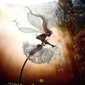 Dandelion Figurine Fairies Pixies Dancing Fairy Statue Steel Wires Fairy Garden Miniature Sculpture Mythical Garden Yard Decor (Color: c)