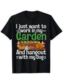 Gardening And Dogs T-Shirt Funny Gardening Plants T-Shirt, 100% Cotton, Single Side Printed, Black Short Sleeve T-shirt (Color: Black, size: XL)
