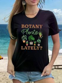 Women's Funny Gardening Plants Print T-Shirt - Casual Short Sleeve Top for Spring & Summer, Round Neck (Color: Black, size: L)